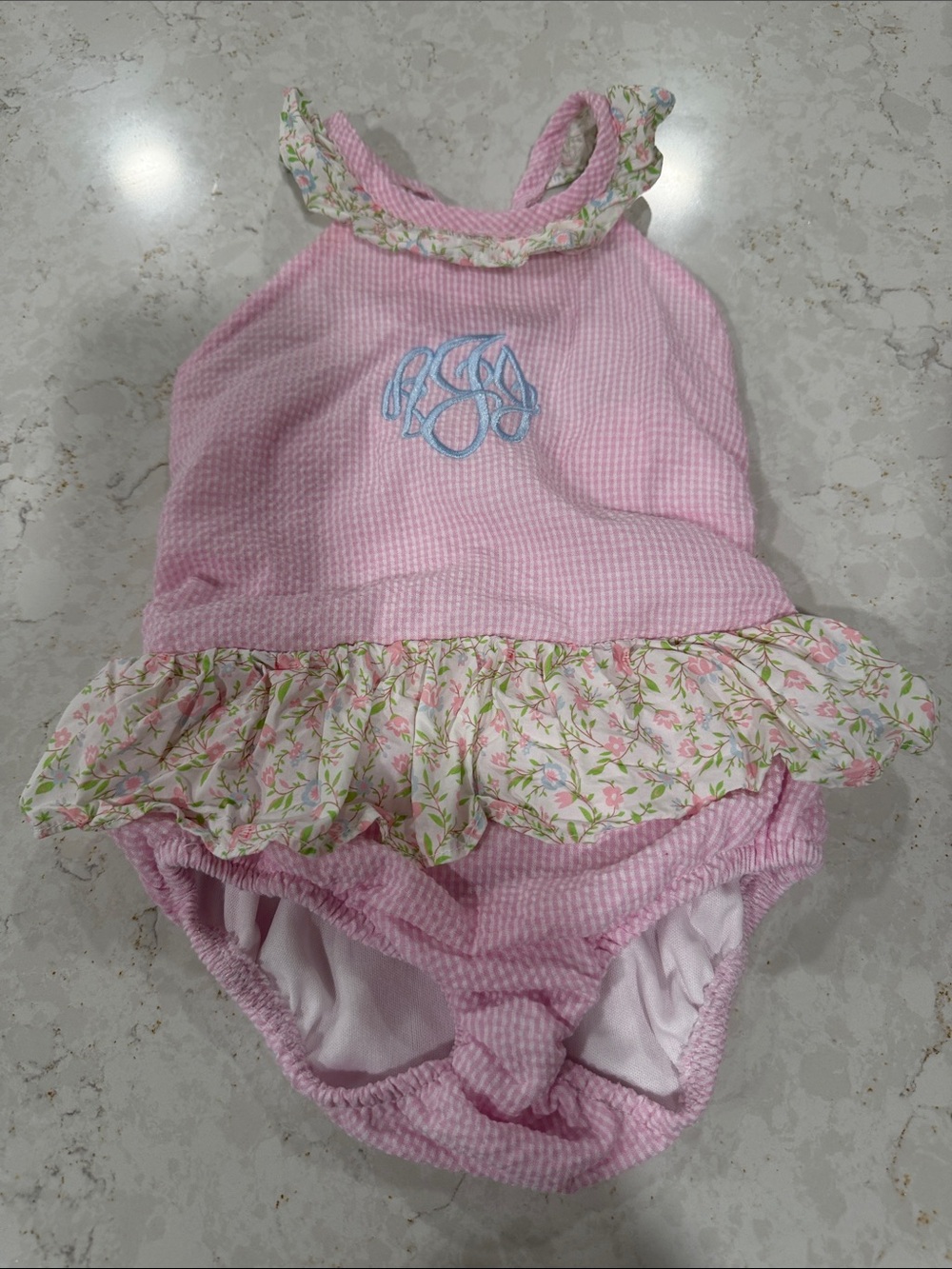 Cecil & Lou Pink Seersucker and Floral Swimsuit with “AJJ” Monogram